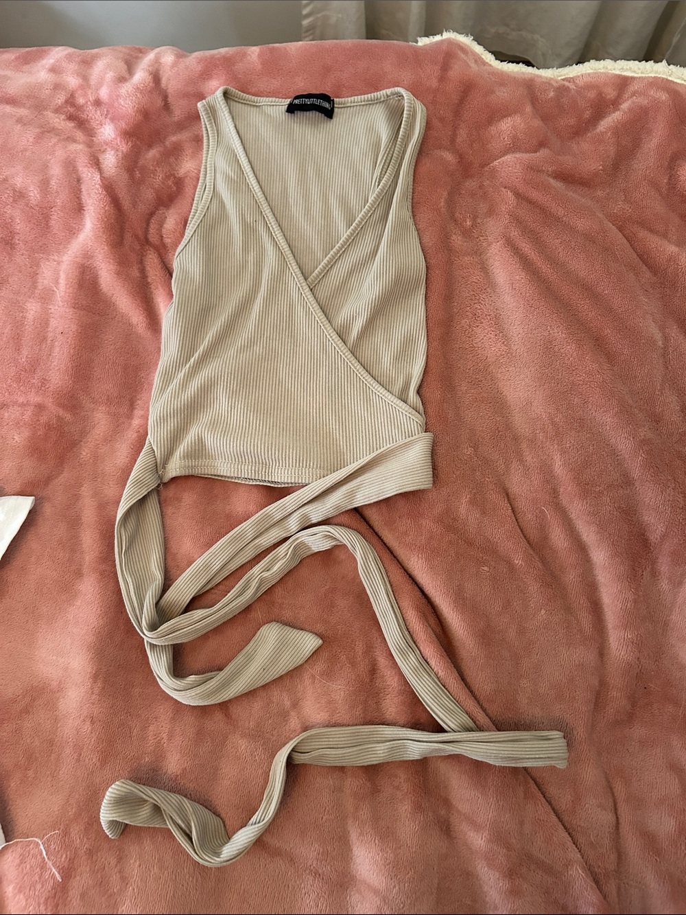 PrettyLittleThing Beige Wrap Ribbed Crop Top